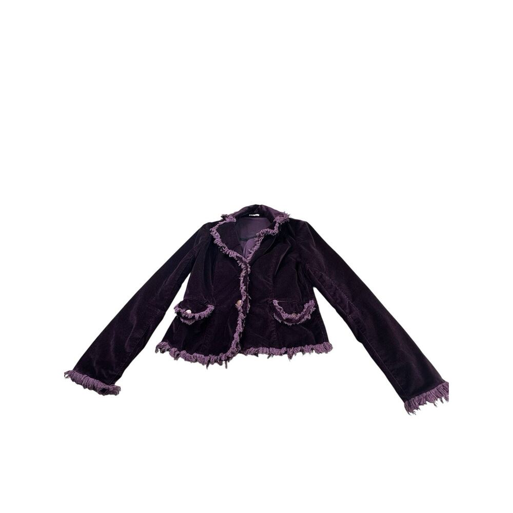 Vintage Cache Purple Velvet Blazer Jacket Fringe Trim Boho Y2K Statement Sz 12 - Picture 3 of 11